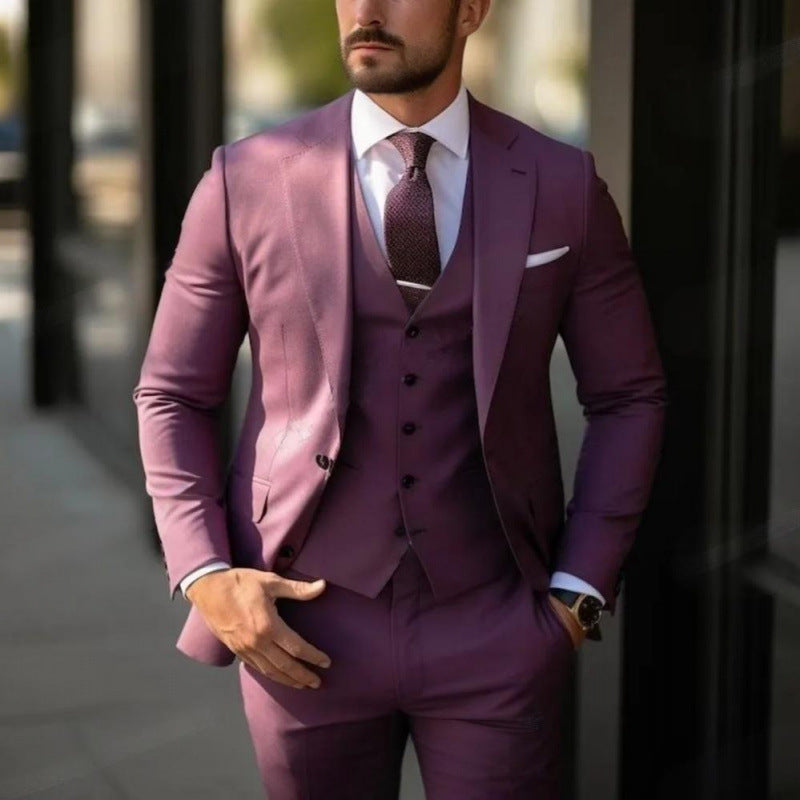 Handsome men's suit three-piece solid color high-end temperament banquet business slim fashion suit