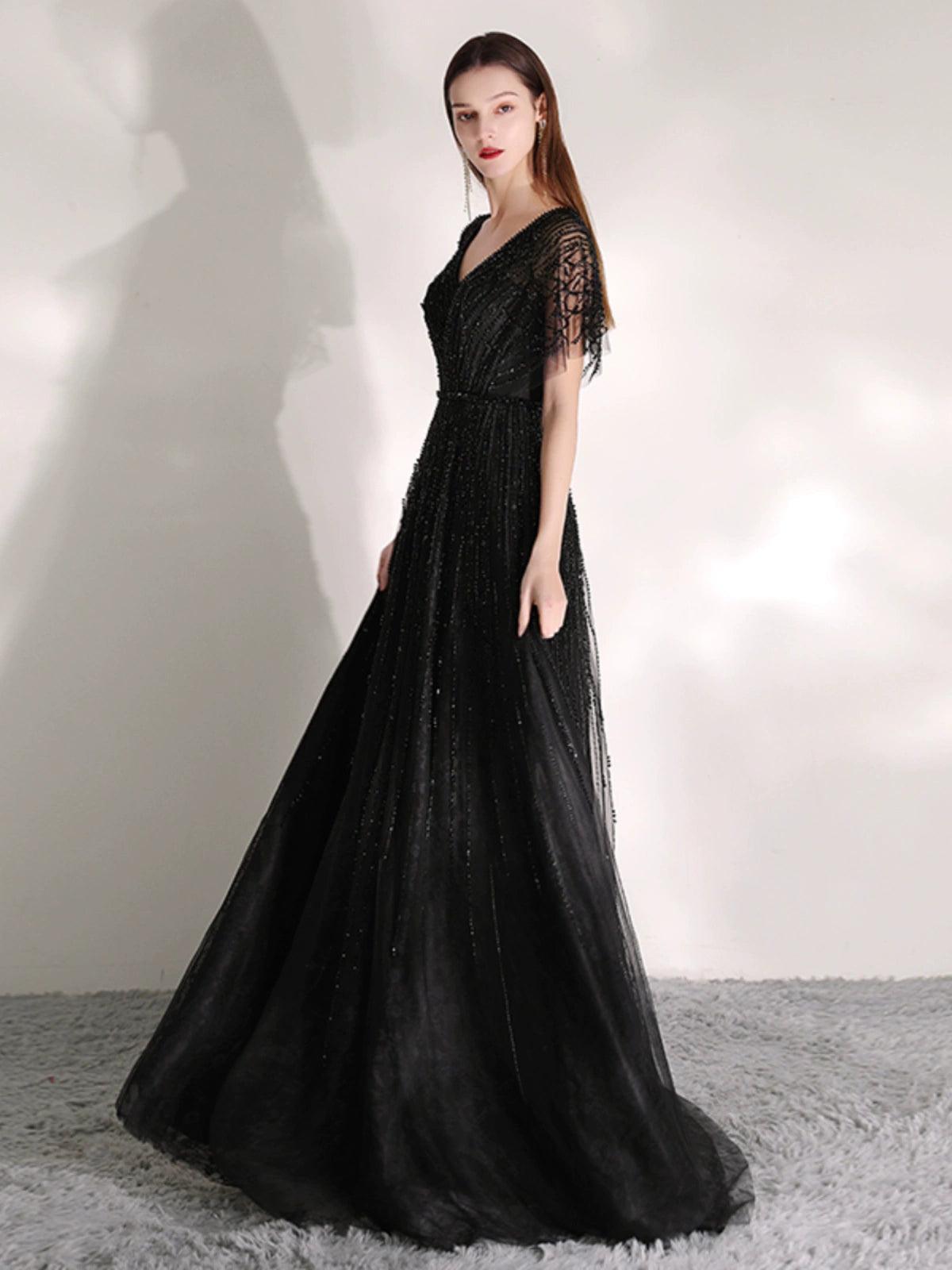 Women's A-Line Evening Dress Sexy Prom Dresses Beaded V-Neck Formal Dresses for Women - numbersea