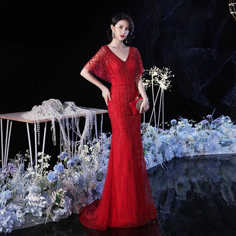 Women's V-Neck Evening Dress Sexy Prom Dresses Beaded Formal Dresses for Women - numbersea
