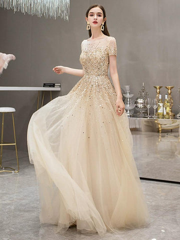 Women's A-Line Evening Dress Long Prom Dresses Sleeveless Beaded Formal Dresses for Women - numbersea