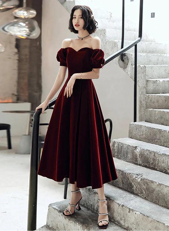Vestido de fiesta de terciopelo rojo vino, largo hasta la rodilla, con hombros descubiertos, vestido de dama de honor rojo vino