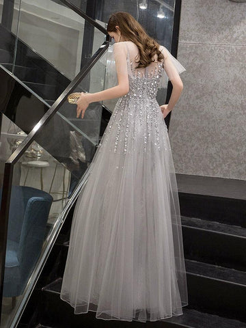 Women's A-Line Prom Dresses Sexy Long Evening Dress Sleeveless Beaded Formal Dresses for Women - numbersea