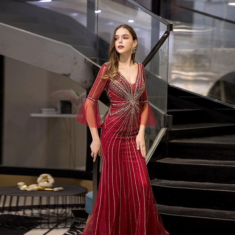 Women's Mermaid Evening Dress Long V-Neck Prom Dresses Beaded Formal Dresses - numbersea