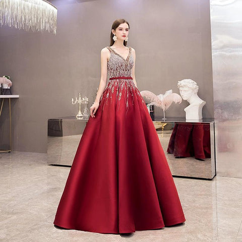Women's Sexy Evening Dress A-Line Prom Dresses Beaded Formal Dresses Sleeveless for Women - numbersea