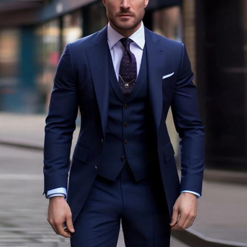 Handsome men's suit three-piece solid color high-end temperament banquet business slim fashion suit