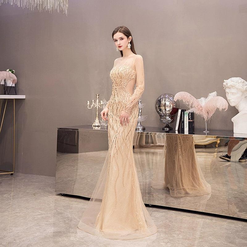 Women's Mermaid Evening Dress Long Prom Dresses Beaded Formal Dresses for Women - numbersea