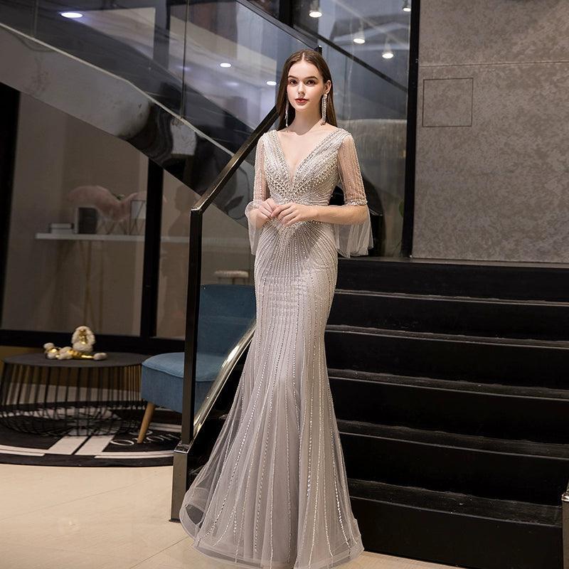 Women's Mermaid Evening Dress V-Neck Prom Dresses Beaded Formal Dresses for Women - numbersea