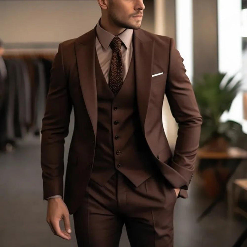 Handsome men's suit three-piece solid color high-end temperament banquet business slim fashion suit