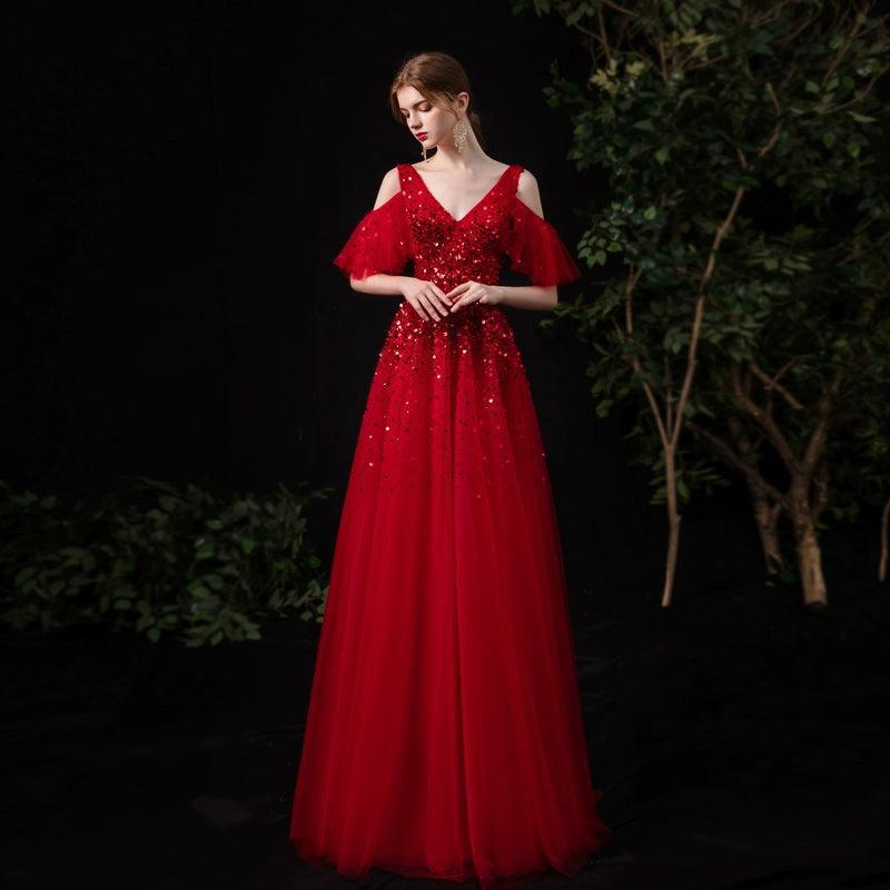 Women's A-Line Evening Dress Sexy Prom Dresses for Women V-Neck Beaded Formal Dresses - numbersea