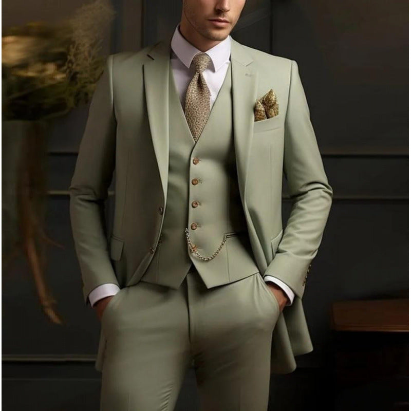 Handsome men's suit three-piece solid color high-end temperament banquet business slim fashion suit