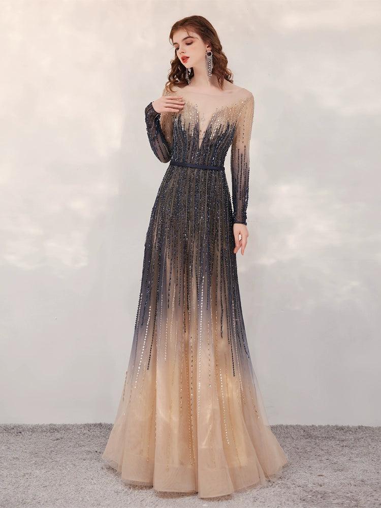 A-Line Prom Dresses Sexy Party Dress Long Sleeve Evening Dress Beaded Formal Dresses for Women - numbersea