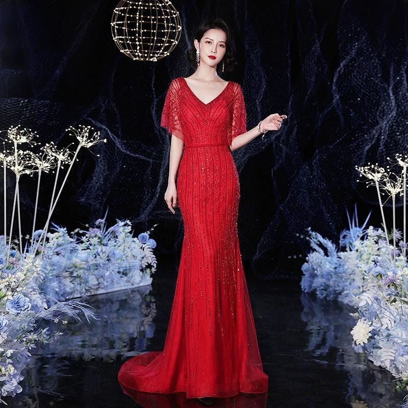 Women's V-Neck Evening Dress Sexy Prom Dresses Beaded Formal Dresses for Women - numbersea
