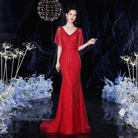 Women's V-Neck Evening Dress Sexy Prom Dresses Beaded Formal Dresses for Women - numbersea