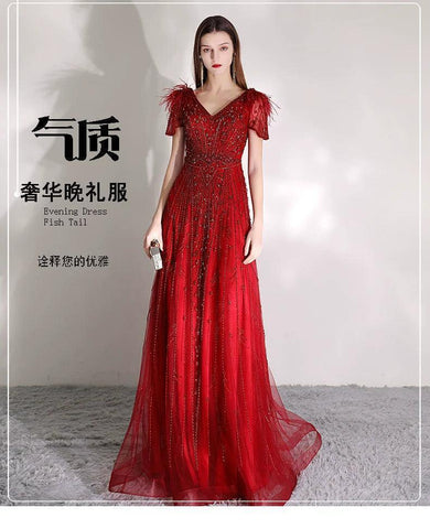 Women's A-Line Prom Dresses Long Evening Dress Beaded V-Neck Formal Dresses for Women - numbersea