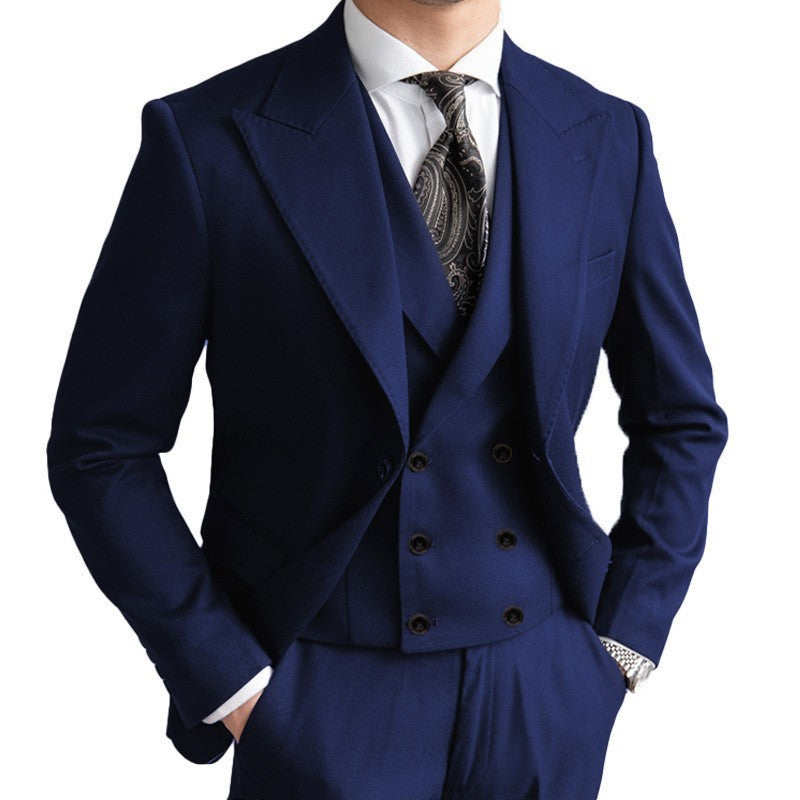Men's blue, black and gray barge collar slim three-piece set, business wedding suit foreign trade spot