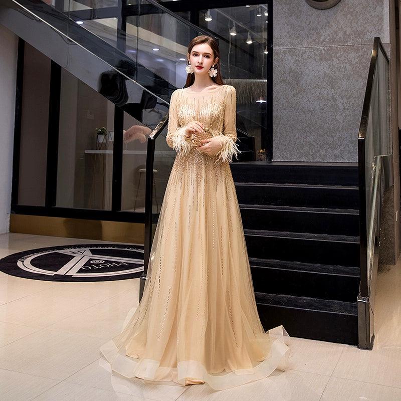 Women's Long Sleeve Prom Dresses Sexy A-Line Evening Dress Beaded Formal Dress for Women - numbersea