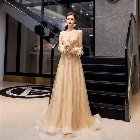 Women's Long Sleeve Prom Dresses Sexy A-Line Evening Dress Beaded Formal Dress for Women - numbersea