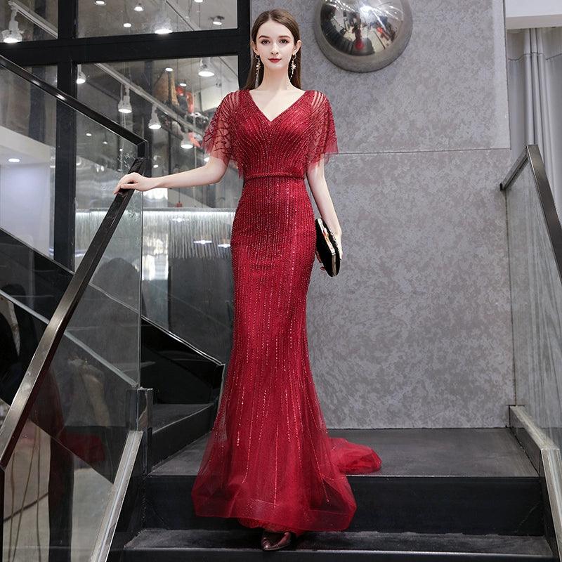Women's Mermaid Evening Dress V-Neck Formal Dresses Long Sexy Beaded Prom Dresses for Women - numbersea