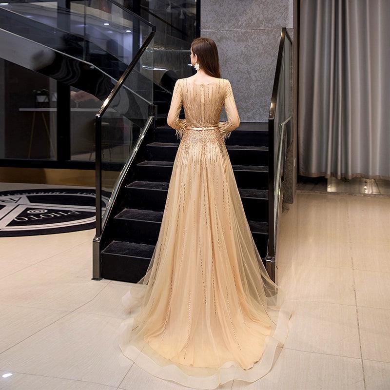 Women's Long Sleeve Prom Dresses Sexy A-Line Evening Dress Beaded Formal Dress for Women - numbersea