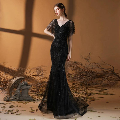 Women's V-Neck Evening Dress Sexy Prom Dresses Beaded Formal Dresses for Women - numbersea