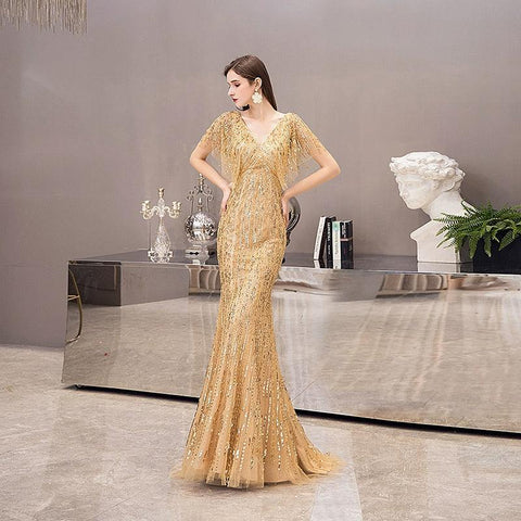 Women's V-Neck Evening Dress Sexy Prom Dresses Beaded Formal Dresses for Women - numbersea