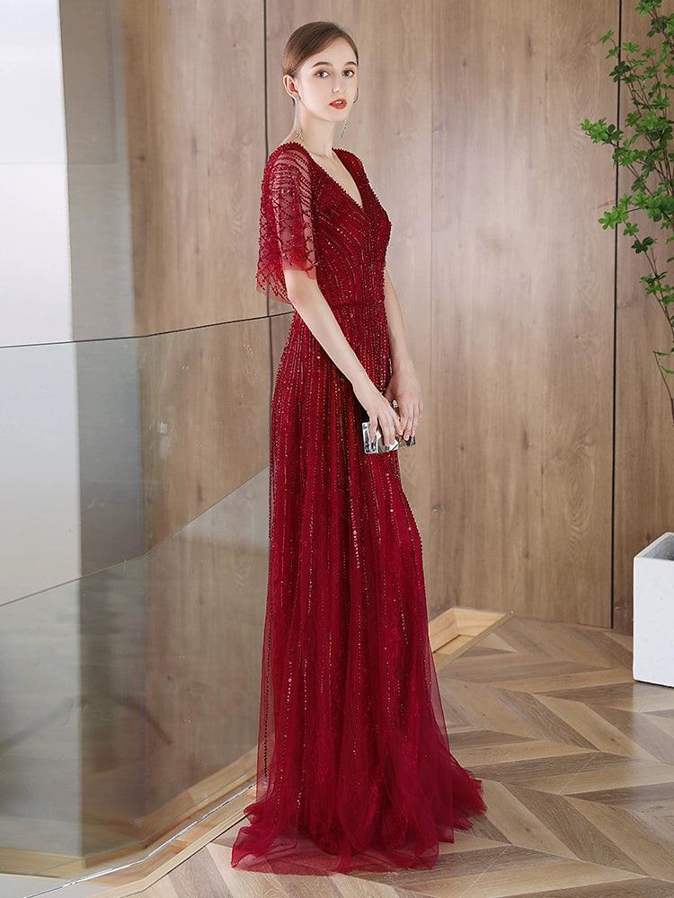 Women's A-Line Evening Dress Sexy V-Neck Prom Dresses Beaded Formal Dresses for Women - numbersea