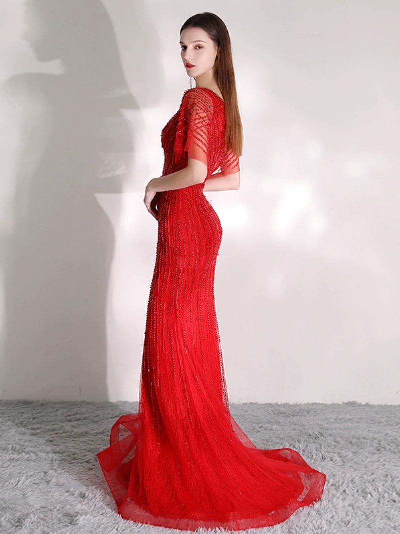 Women's Mermaid Evening Dress Long Sexy Prom Dresses Beaded V-Neck Formal Dresses - numbersea