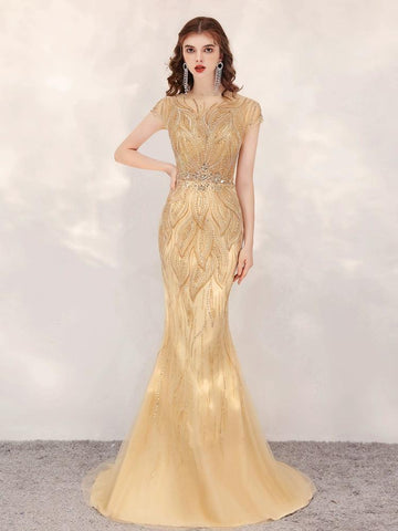Women's Mermaid Evening Dress Sexy Beaded Prom Dresses Long Formal Dresses for Women - numbersea