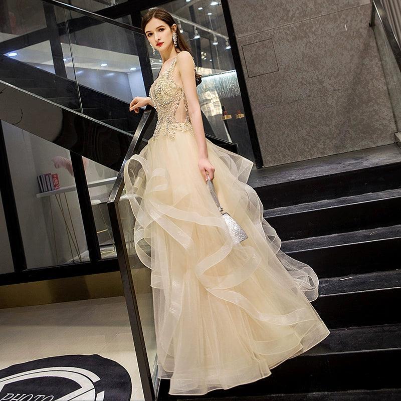 Women's Ball Gown Evening Dress Long Formal Dresses Sleeveless Beaded Wedding Dresses - numbersea