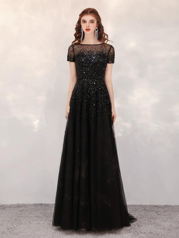 Women's A-Line Evening Dress Long Prom Dresses Sleeveless Beaded Formal Dresses for Women - numbersea
