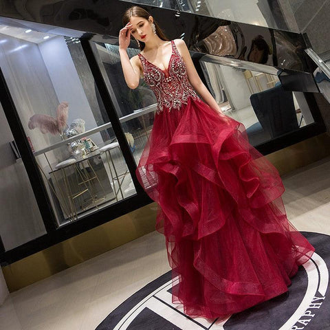 Women's Sexy Evening Dress A-Line Prom Dresses Beaded Formal Dresses Sleeveless for Women - numbersea