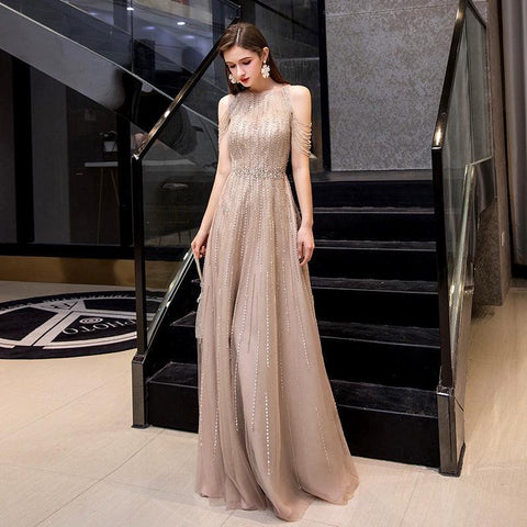 Women's A-Line Prom Dresses Sleeveless Sexy Evening Dress Beaded Formal Dress for Women - numbersea
