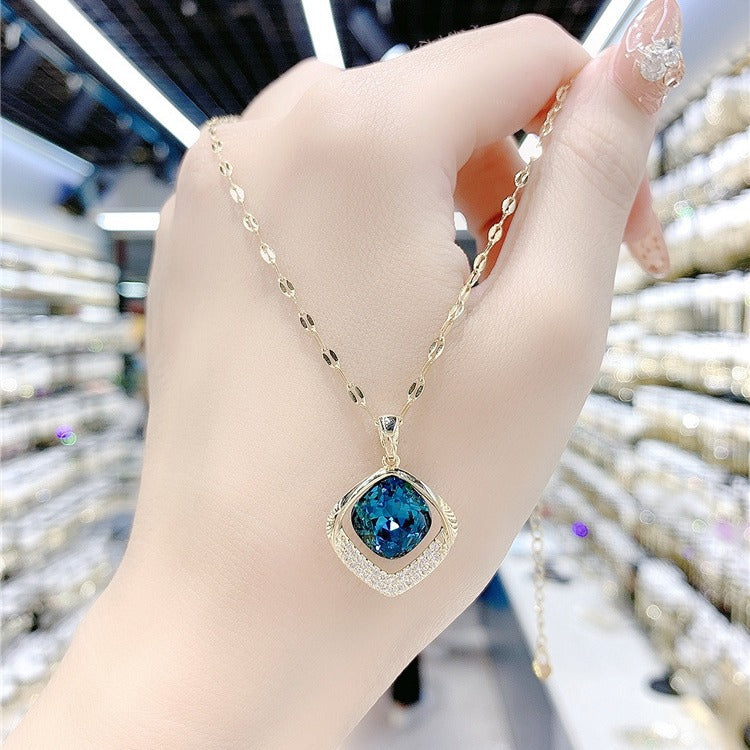 High sense blue geometric crystal necklace women's new trendy temperament fashion Internet celebrity short collarbone chain neck chain
