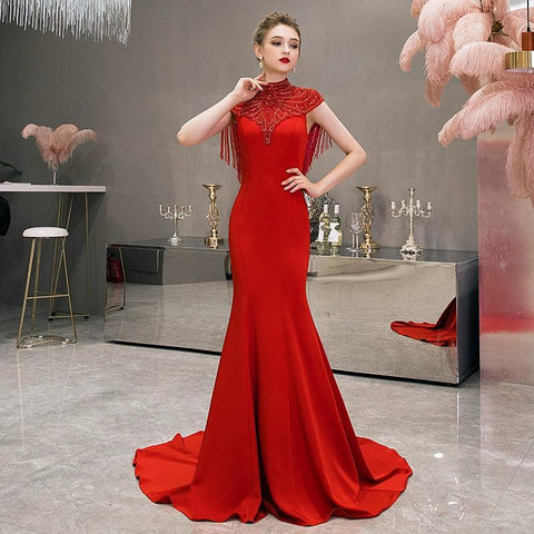 Women's Sexy Evening Dress Mermaid Prom Dresses Long Beaded Formal Dresses for Women - numbersea