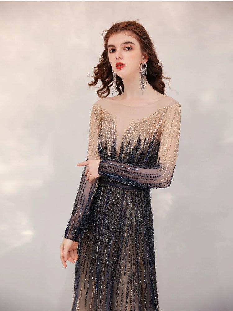 A-Line Prom Dresses Sexy Party Dress Long Sleeve Evening Dress Beaded Formal Dresses for Women - numbersea