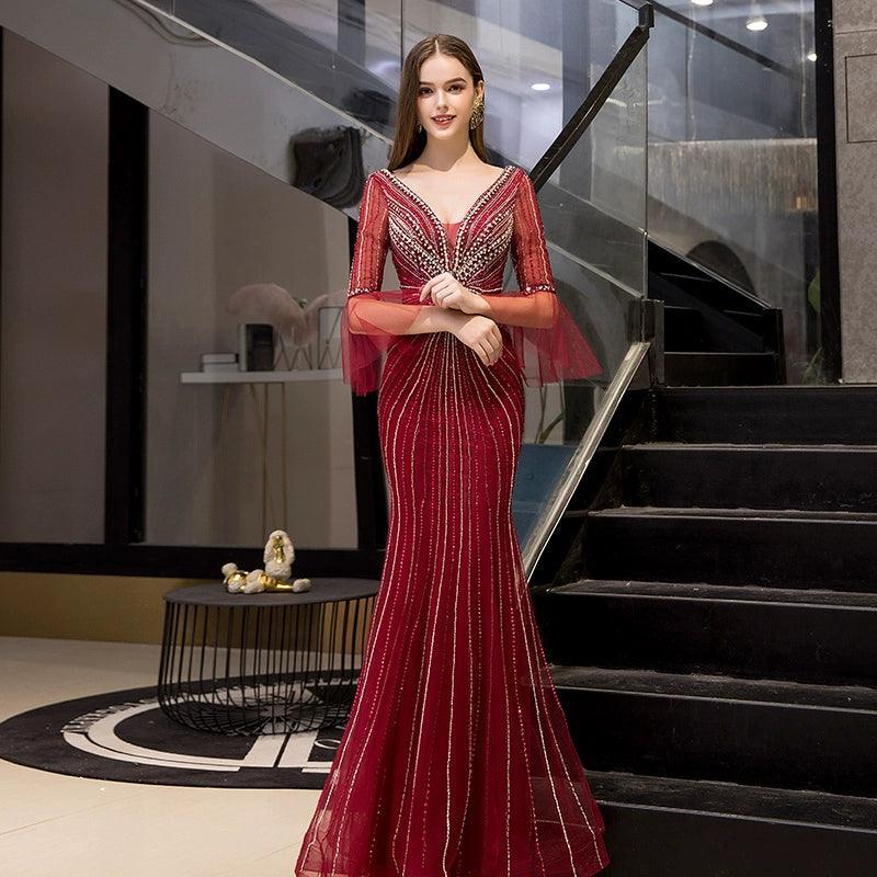 Women's Mermaid Evening Dress V-Neck Prom Dresses Beaded Formal Dresses for Women - numbersea