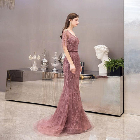 Women's Mermaid Evening Dress V-Neck Formal Dresses Long Sexy Beaded Prom Dresses for Women - numbersea