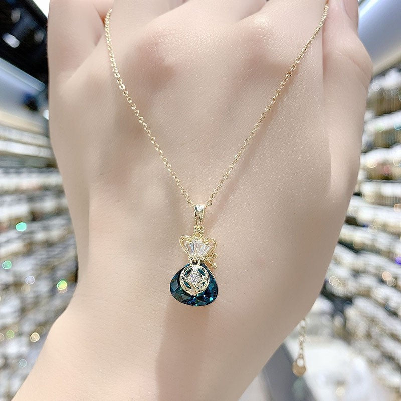 High sense blue geometric crystal necklace women's new trendy temperament fashion Internet celebrity short collarbone chain neck chain