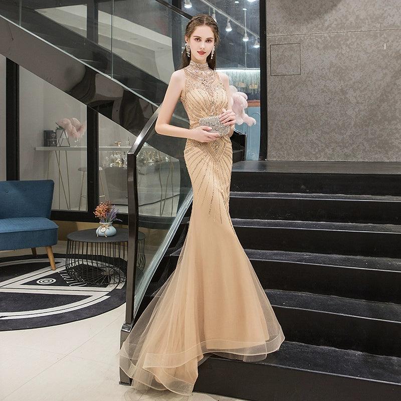 Women's Mermaid Evening Dress Beaded Sexy Prom Dresses Sleeveless Long Formal Dresses - numbersea