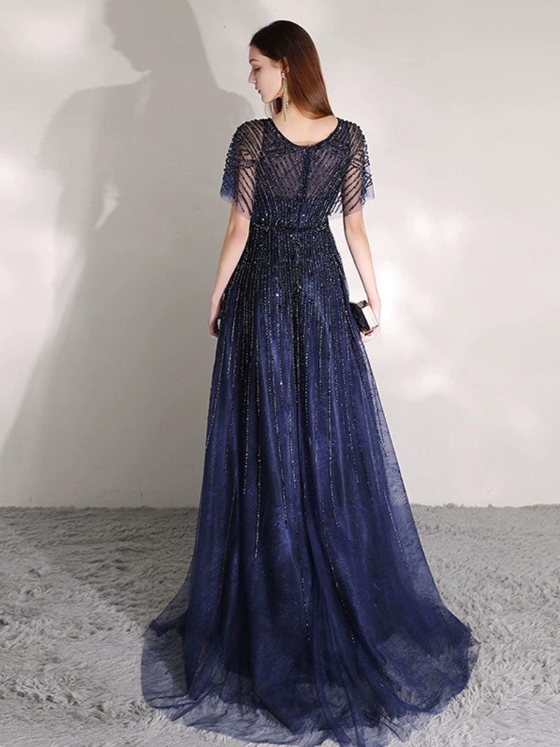 Women's A-Line Evening Dress Beaded Prom Dresses Long V-Neck Formal Dresses for Women - numbersea