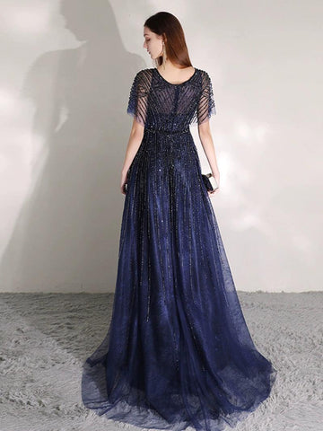 Women's A-Line Evening Dress Beaded Prom Dresses Long V-Neck Formal Dresses for Women - numbersea
