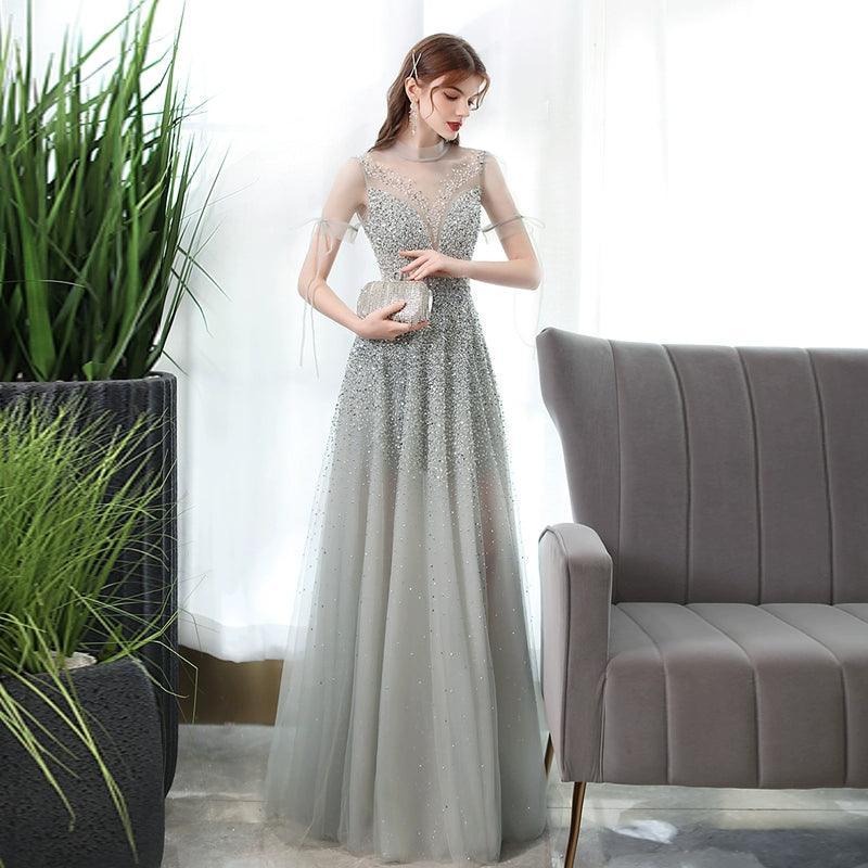 Women's A-Line Evening Dress Sexy Prom Dresses Beaded Formal Dresses for Women - numbersea