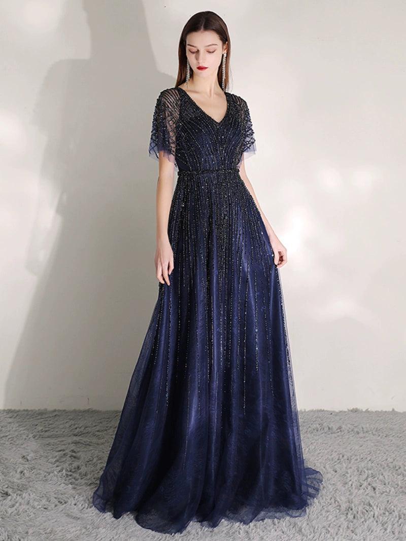 Women's A-Line Evening Dress Beaded Prom Dresses Long V-Neck Formal Dresses for Women - numbersea
