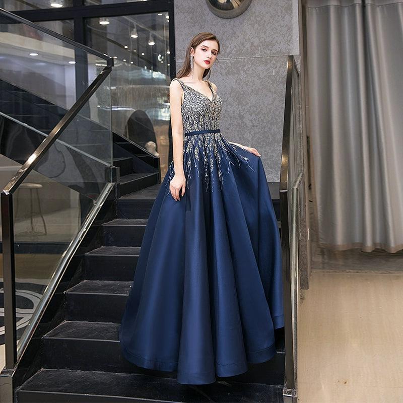 Women's Ball Gown Evening Dress Long V-Neck Formal Dresses Beaded Prom Dresses - numbersea