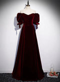 Vestido de fiesta de terciopelo rojo vino con mangas cortas y corte en A para dama de honor.