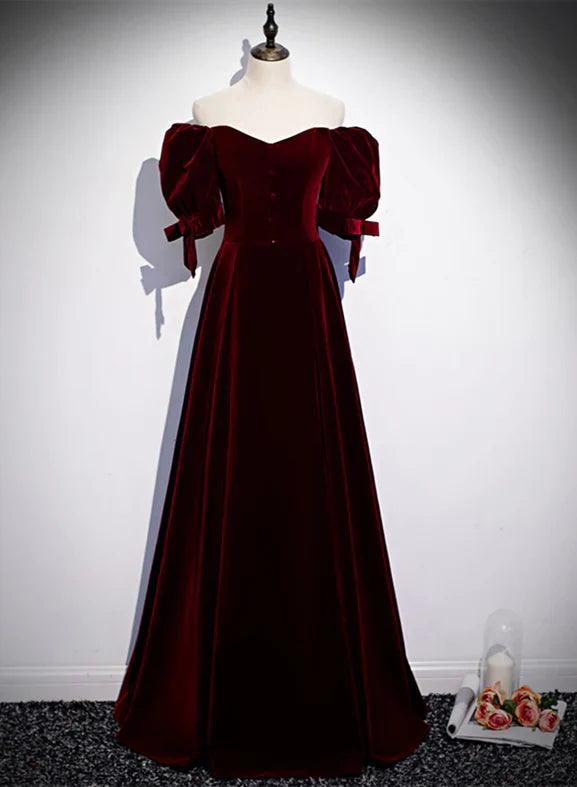 Vestido de fiesta de terciopelo rojo vino con mangas cortas y corte en A para dama de honor.