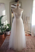 Vestido de novia NumberSea sencillo de tul, largo hasta el suelo, espalda abierta, escote corazón y sin tirantes, MW217 