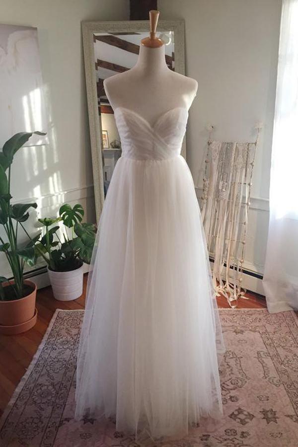 Vestido de novia NumberSea sencillo de tul, largo hasta el suelo, espalda abierta, escote corazón y sin tirantes, MW217 