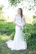 Vestido de novia NumberSea blanco con hombros descubiertos, espalda abierta, corte trompeta, encaje y apliques, MW198 