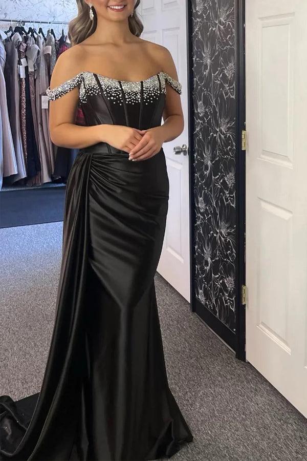 Vestido de fiesta largo negro de sirena con hombros descubiertos y cuentas